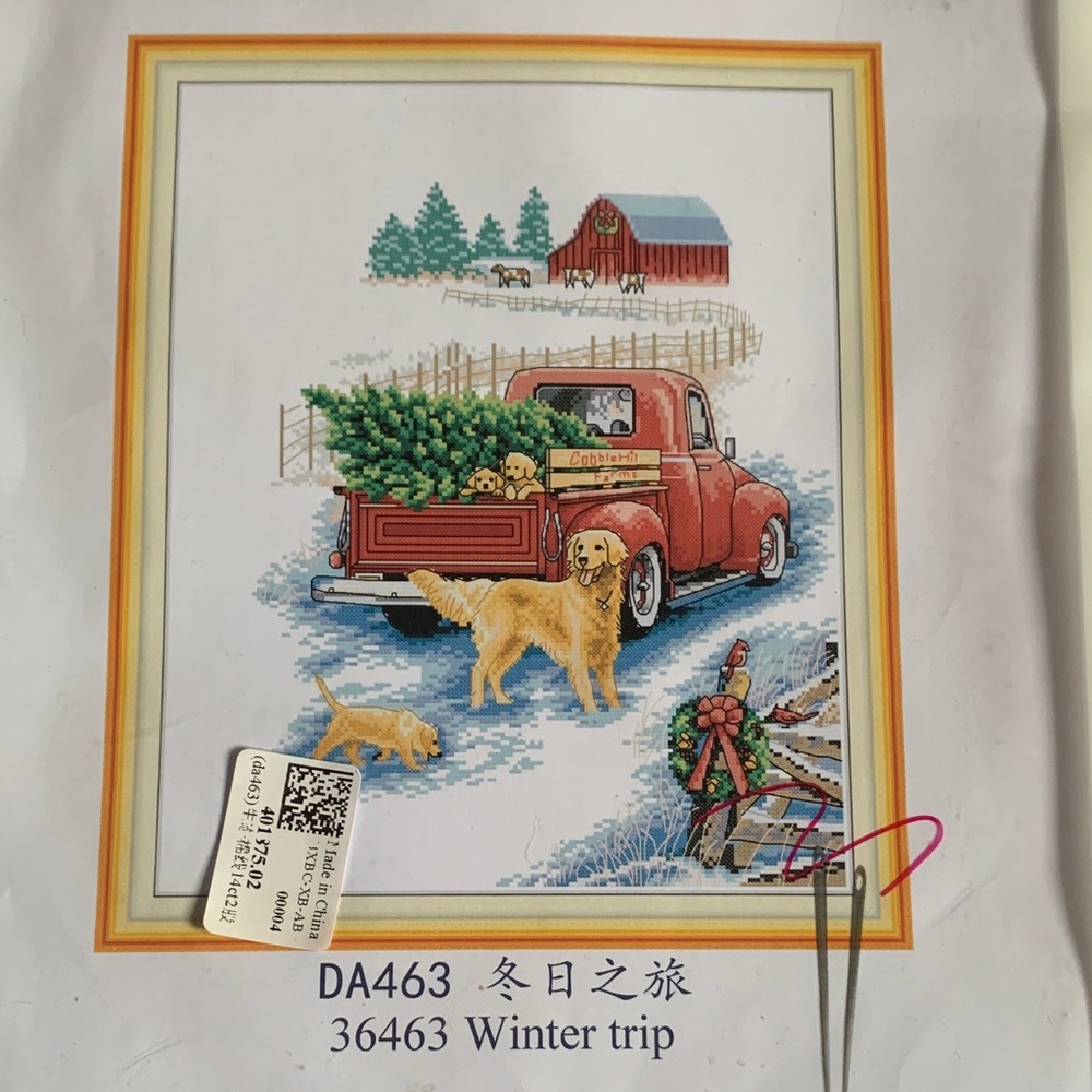 Winter Trip Cross Stitch Kit with Red Truck and Golden Retriever
